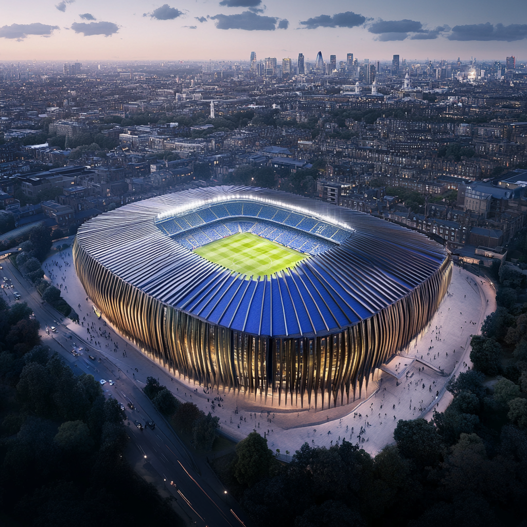 OLBG using AI platform Midjourney to imagine how Chelsea's new stadium at Earls Court might look