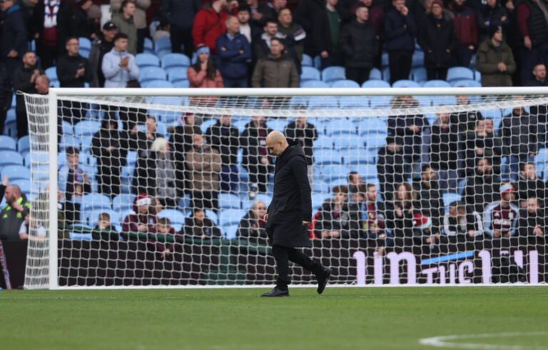 Pep Guardiola with head down after Manchester City defeat to Aston Villa