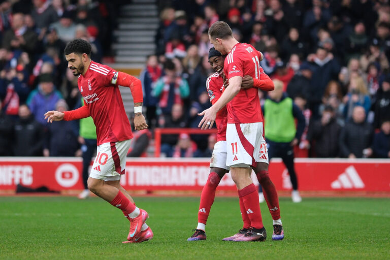 Morgan Gibbs-White, Anthony Elanga and Chris Wood of Nottingham Forest