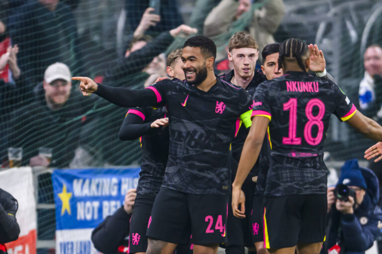 Chelsea players celebrating Reece James' goal against Copenhagen