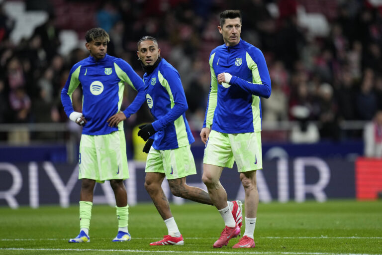 Lamine Yamal, Raphael Dias Raphinha and Robert Lewandowski of FC Barcelona