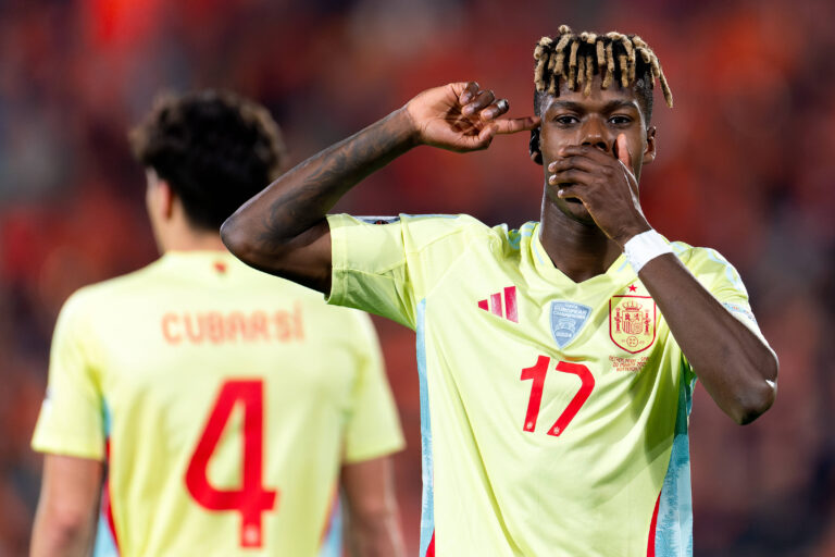 Nico Williams of Spain celebrates after scoring the team's first goal during the UEFA Nations League Quarter Final 1st leg match between Netherlands and Spain