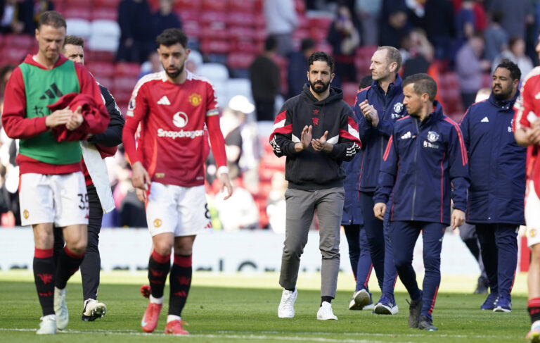 Manchester, England, 20th April 2025. Ruben Amorim manager of Manchester United, ManU leaves the pitch at the final whistle during the Manchester United vs Wolverhampton Wanderers Premier League match at Old Trafford, Manchester. Picture credit should read: Andrew Yates / Sportimage EDITORIAL USE ONLY. No use with unauthorised audio, video, data, fixture lists, club/league logos or live services. Online in-match use limited to 120 images, no video emulation. No use in betting, games or single club/league/player publications. SPI_078_AY_MAN_UTD_WOLVES SPI-3852-0071