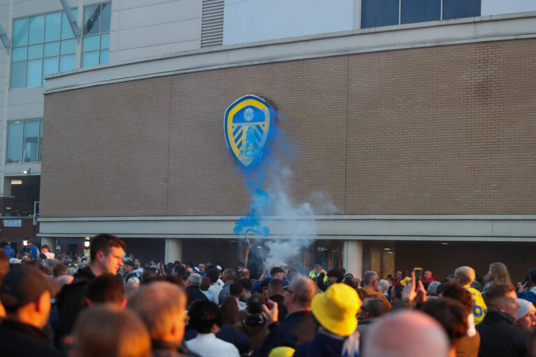 Leeds United Fans celebrate Leeds return to the Premier League after Securing Promotion during the Leeds United FC v Stoke City FC skybet EFL Championship match