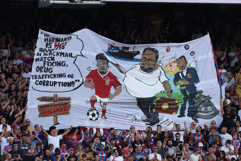 24th August 2025; Selhurst Park, Selhurst, London, England; Premier League Football, Crystal Palace versus Nottingham Forest; Crystal Palace fans display giant banner against UEFA, and Nottingham Forest majority owner Evangelos Marinakis KatiexChan